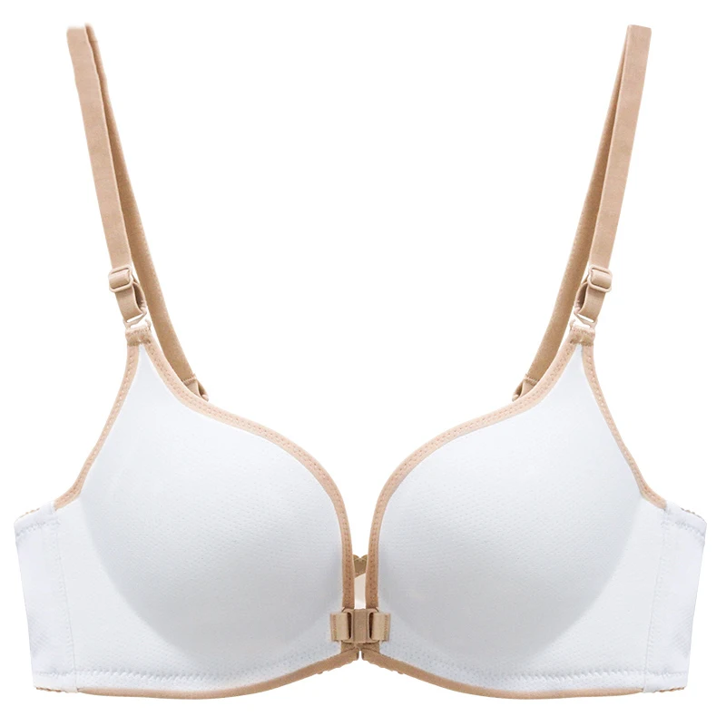 

Wire Free Delicate Underwear Seamless Small Busts White Bra Front Closure Gathered Adjusted-Straps Standing Cotton Push Up Bra