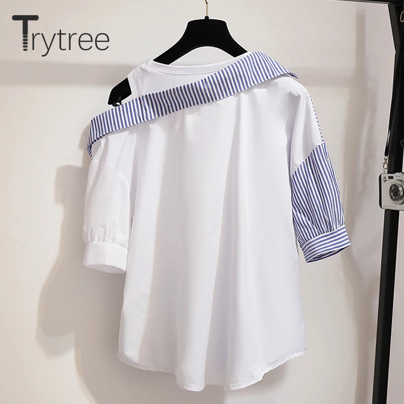 Tanie Trytree letnie damskie bluzki w paski Casual poliester bawełna koszula pół rękawa patchworkowe kieszenie O Neck biuro topy damskie koszule
