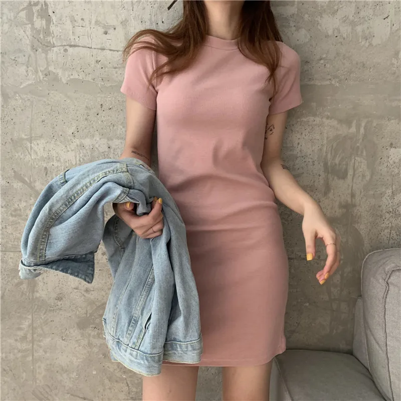 

Mazefeng Summer Fashion Dresses O-neck Female Solid Sexy Dress Women Mini Short Sleeve Dresses Ladies Hip Package Buttocks Dress