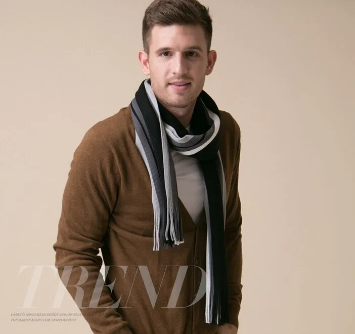 hair scarf for men Autumn Winter Fashion Top Grade Classic Striped Woolen Scarf Macrochaeta Thickness Black&White&Gray Scarves Gift Set Man Muffler black scarf mens