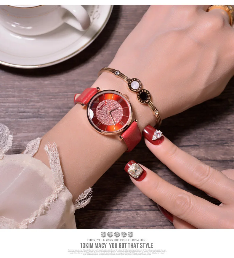 Женские розовые часы Женские повседневные кожаные часы кварцевые роскошные наручные часы Брендовые женские кристалл браслет моды часы подарки