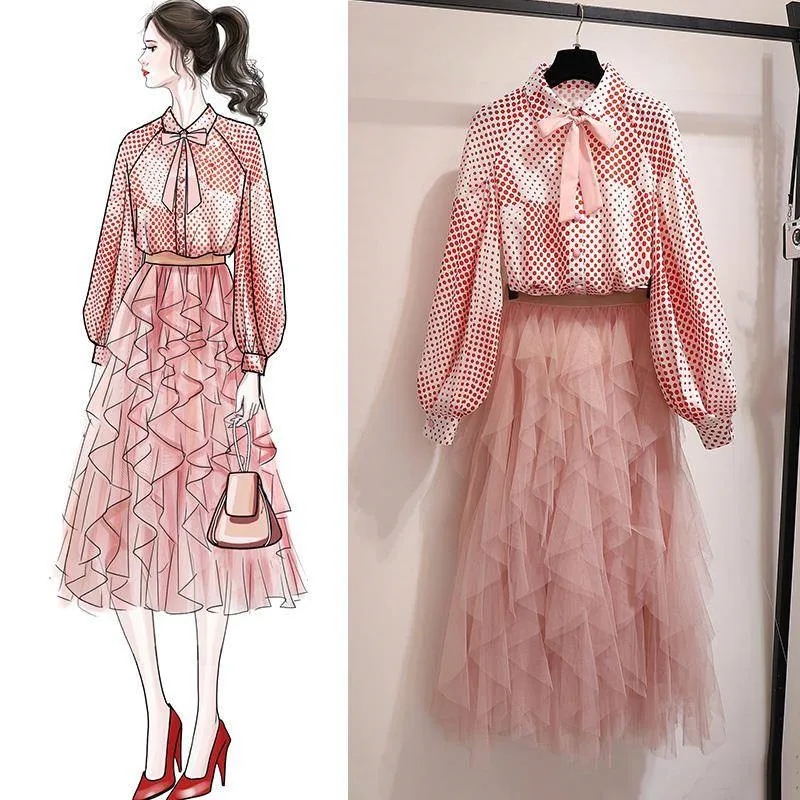 

2019 New Summer Women Sweet Bow Tie Polka Dot Chiffon Shirt+A Line Wave Mesh Solid Skirt Suit Female Elegant Casual Set Z235
