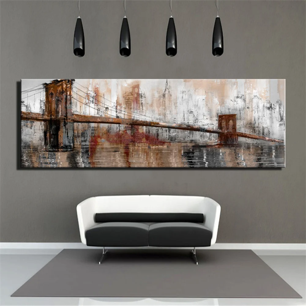 

Modern City Scenery Canvas Painting Dark Shades City Bridge Landscape Wall Art Pictures For Bed Room Living Room Cuadros Decor