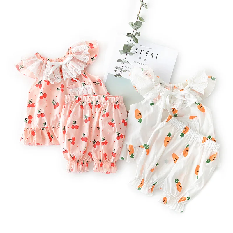 

SUMMER BABY KIDS PAJAMAS TODDLER PAJAMAS BOYS GIRLS CLOTHES TOPS LEGGINGS CARROT CHERRY TWO-PIECE PAJAMAS CUTE RUFFLED COLLAR