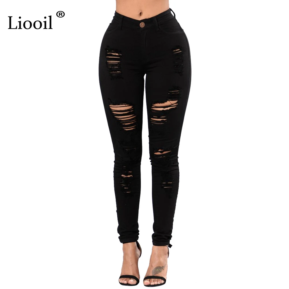 

Liooil 2019 New Spring Women Ripped Jeans Fashion Pockets Button Colored Army green Black Mid Waist Plus Size Jeans Woman