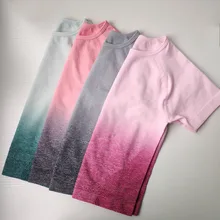 Женские Безшовные рубашки для йоги с эффектом омбре, короткий рукав, укороченный топ, базовые рубашки с круглым вырезом для женщин, футболки для йоги, спорта, фитнеса, спортзала, тренировок