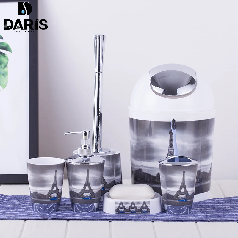 SDARISB 6PCS Eiffel Bathroom Accessory Bin Soap Dish Dispenser Bottle Toothbrush Holder Set Home Bathroom Products Wash Bath Set