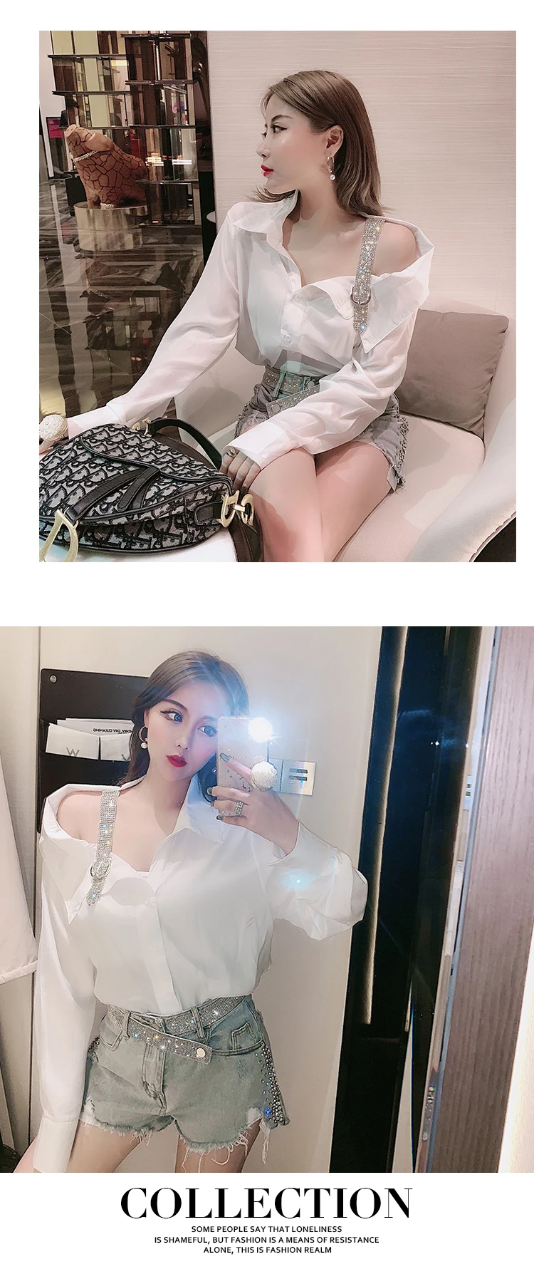 Cakucool пикантные Весенняя блуза Для женщин с длинным рукавом с плеча бриллиантами Бисер рубашка свободные белый шик корейские топы Blusa Femme