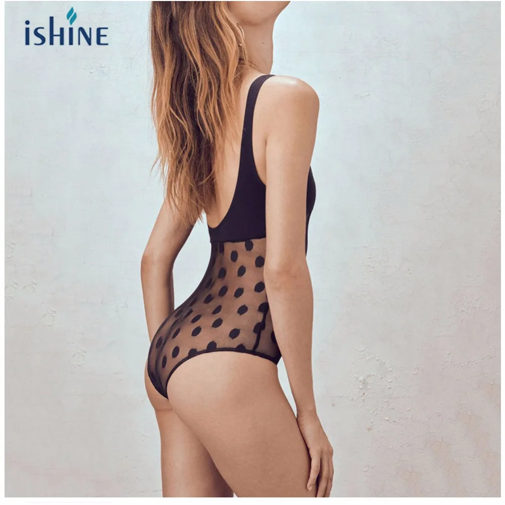 

Women Mesh piecing transparent polka dot bikini monokini swimwears Backless Bodysuit Lady Swimsuit Beach Bathing suits