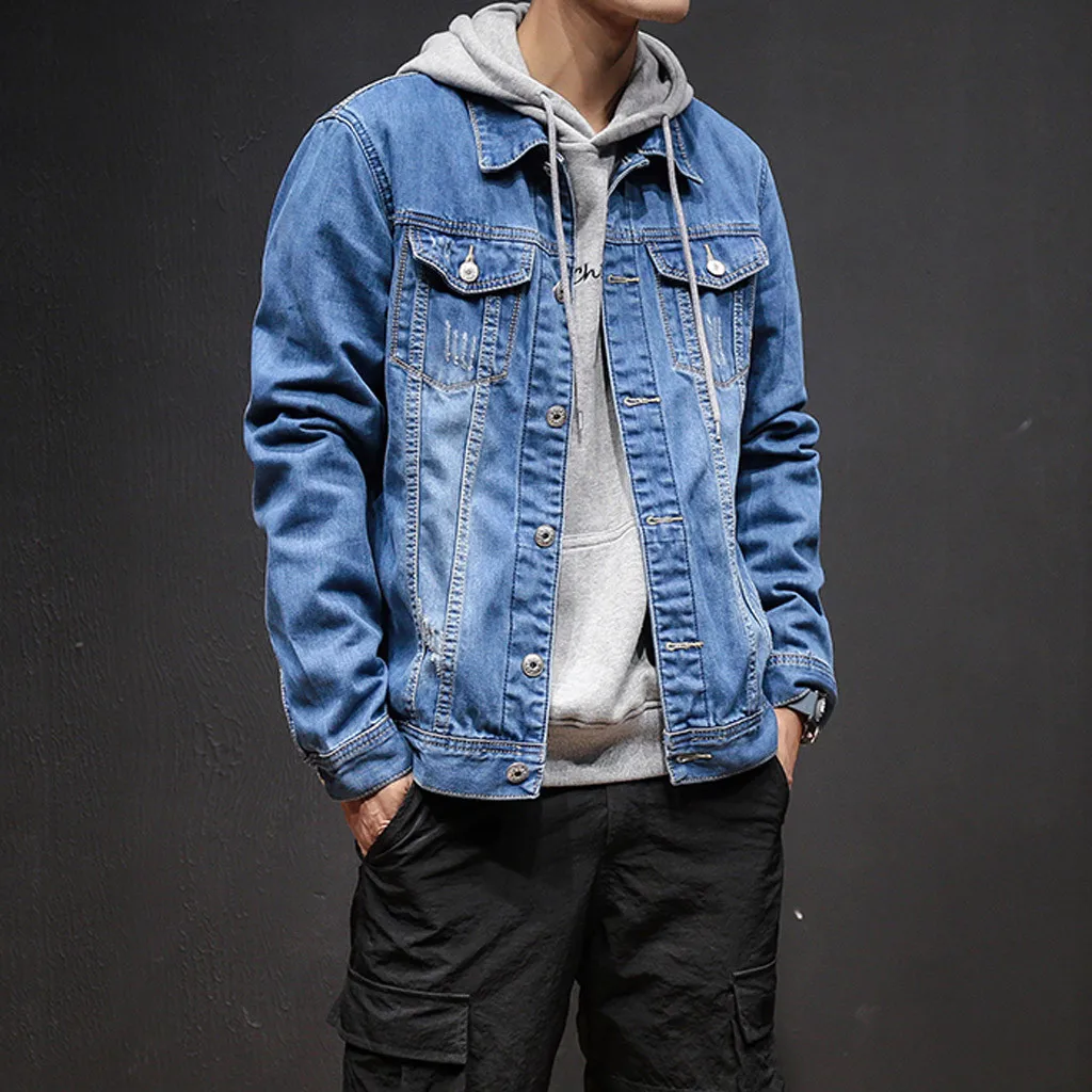 

Men's Autumn Winter Button Solid Color Vintage Denim Jacket Tops Blouse Coat Casual Slim Denim Jacket Plus Size Jacket Cowboy