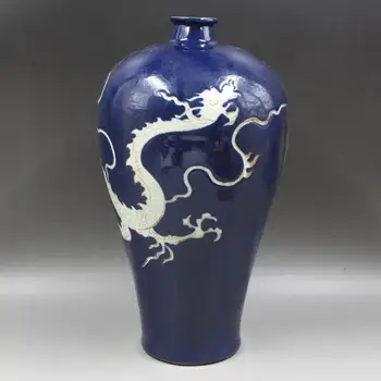 

Blue White Carved Cloud Dragon Meiping Hand-made Antique-imitation Porcelain Antique Collection unearthed in Yuan Dynasty