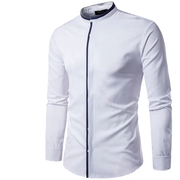 

NEW 2020 Autumn Winter Stand Collar Slim Fit long sleeve hidden button Single Breasted striped patchwork O-neck Mens Shirts