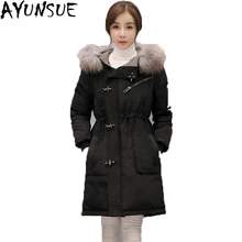 90% Зимний пуховик для женщин на молнии Теплый Женский Тонкий пуховик длинный толстый мех с капюшоном белый утиный пух куртки ST046