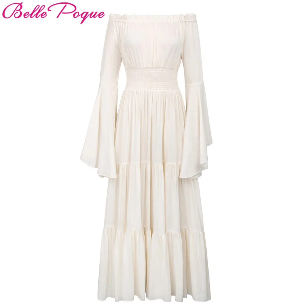 Women Retro Vintage Long Sleeve Maxi Dresses 2018 Autumn Off Shoulder Cotton Renaissance Victorian Gothic Ruffle Medieval Dress