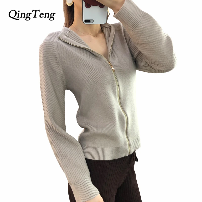 

Women Jackets Spring Autumn Elegant Slim Cashmere Wool Knitted Cardigan Top Black Gray Zipper Long Sleeve Short Jacket Coat