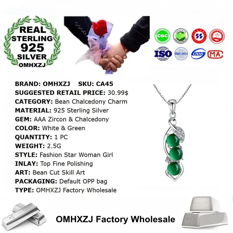 OMHXZJ European Fashion Woman Girl Party Gift Bean Chalcedony Zircon 925 Sterling Silver Necklace Pendant Charm CA45