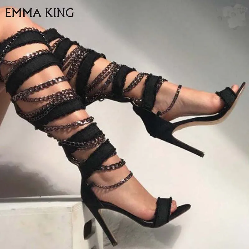 

EMMA KING Black Chain Decorated Sexy Knee-length Women Shoes Summer Fashion Ladies Sandals Plus Size 35-43 Sandalia Feminine