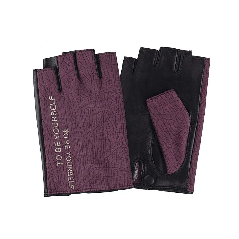 New Semi-Finger Gloves Female Thin Summer Simple Patchwork Letter Embroidery Locomotive Genuine Leather Sheepskin Gloves G007