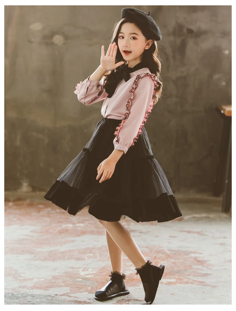 spring girls shirt dress children Chiffon two-piece suit for girls clothes (6)