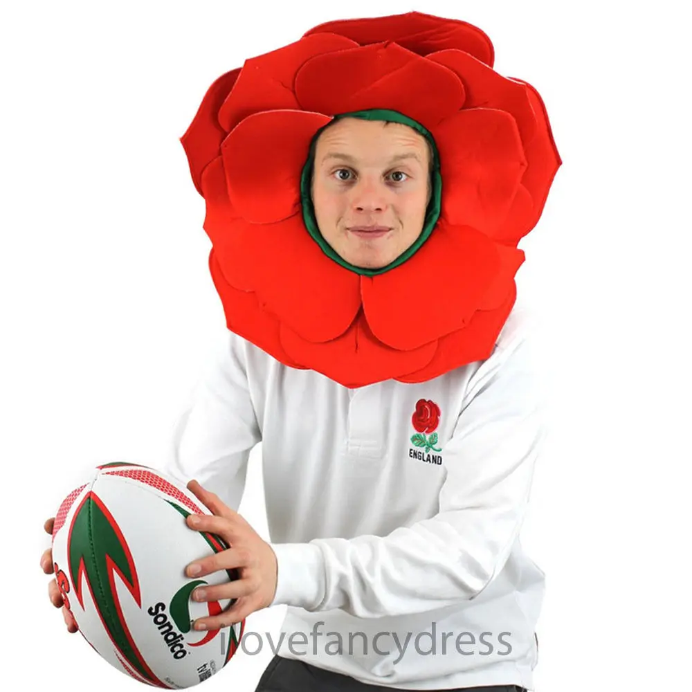 ROSE HAT ENGLISH ROSE FANCY DRESS ENGLAND SPORT SUPPORTERS RED FLOWER RUGBY HAT