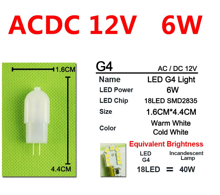 6 шт с регулируемой яркостью(12 V/220 V Мини светодиодный G4 COB Светодиодный лампа 4 Вт 6 Вт DC/AC 360 угол люстра Замена галогеной лампада ампулы Bombilla - Испускаемый цвет: ACDC12V 6W 18LED2385