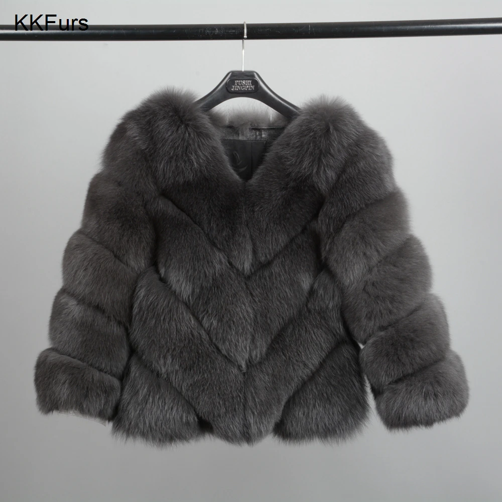 JKKFURS Новое поступление зимняя Женская Толстая теплая короткая меховая накидка из натуральной лисы Высококачественная верхняя одежда модная куртка S7149