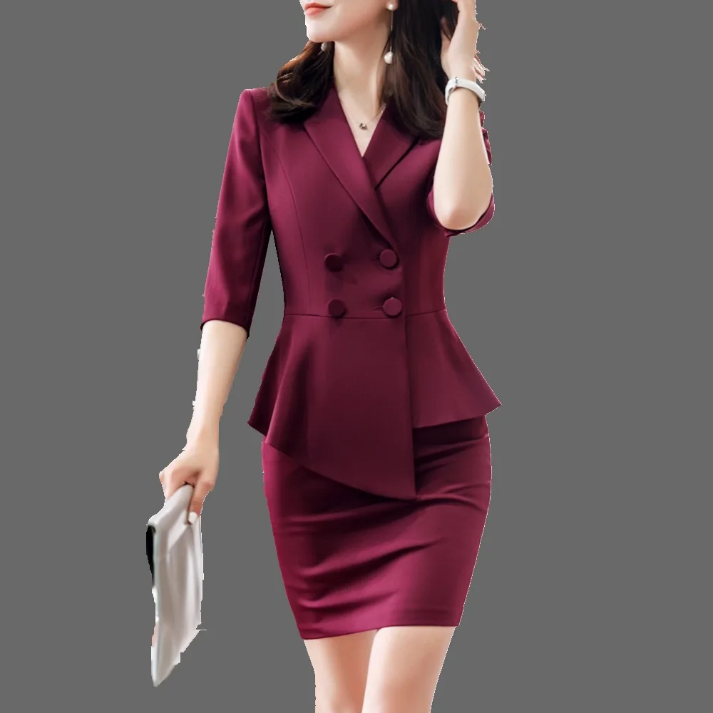 

2 piece set women summer new fashion temperament professional wear female seven-point sleeve coat skirt suit overalls two-piece