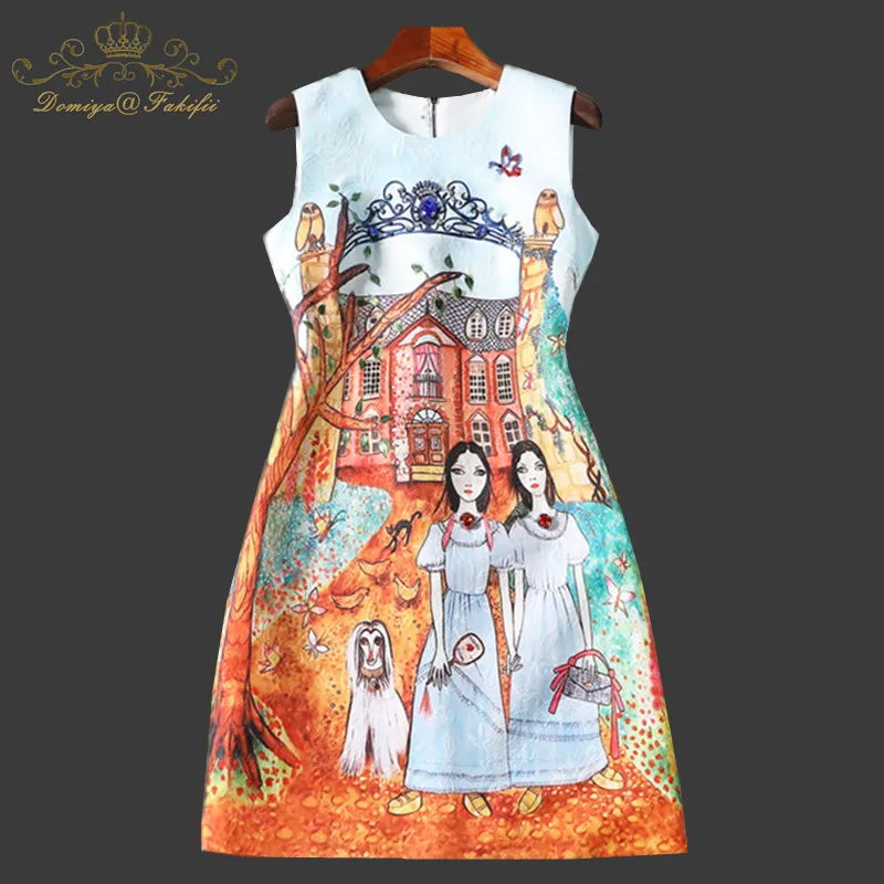 2018 New Fashion Designer Runway Summer Dress Women's Sleeveless Tank Pattern Print Beading Vintage Short Dress Family Dresses vintage wintersweet print pin up dress