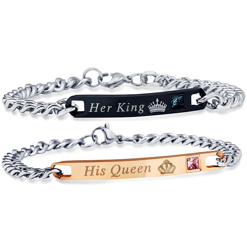 Black Necklaces & Pendants Her King And His Queen Couple Necklace Stainless Steel Pink Blue Crystal Couple Bracelet Necklace Set