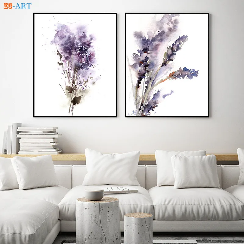 Фиолетовая лаванда и сиреневая печать цветы Акварельная живопись абстрактная ботаническая настенная живопись на холсте Декор для дома
