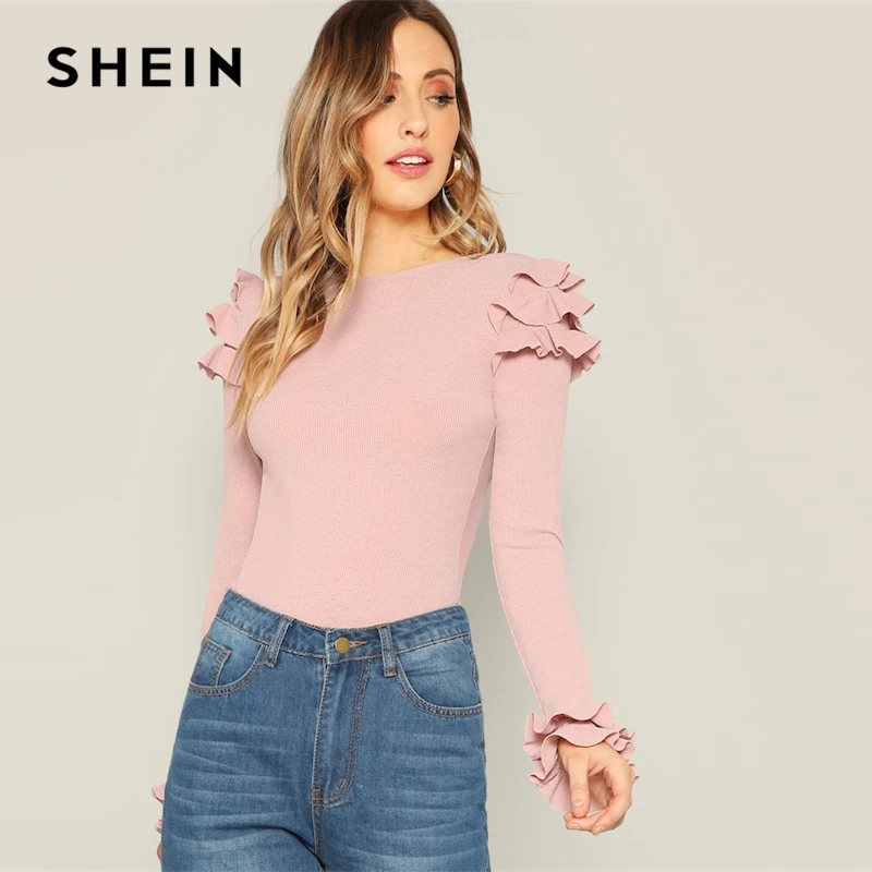 SHEIN الوردي الطبقات حافة كشكش ضلع متماسكة عادي صالح سليم المحملة الصيف مكتب سيدة أنيقة جولة الرقبة طويلة الأكمام الصلبة النساء التي شيرت SHEIN الوردي الطبقات حافة كشكش ضلع متماسكة عادي صالح سليم المحملة الصيف مكتب سيدة أنيقة جولة الرقبة طويلة الأكمام الصلبة النساء التي شيرت