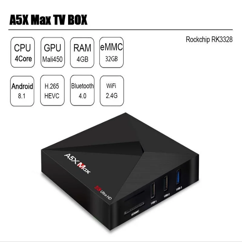 

A5X MAX TV Box Android 8.1 4+32GB RK3328 Quad Core USB 3.0 WiFi LAN VP9 H.265 UHD 4K Media Player EU US UK Set-top Box