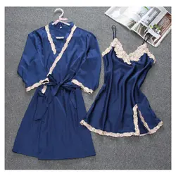 2 шт спокойной и Халат Кружевной комплект пижамы Для женщин соблазнительное кимоно Банный халат атласные пижамы интимное нижнее белье