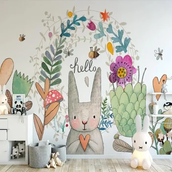 

Hand Painted Carton Rabbit Flower Wallpaper Mural for Kids Bedroom Wall Decor Wall Paper Rolls Contact Paper Roll 3d Wall Murals