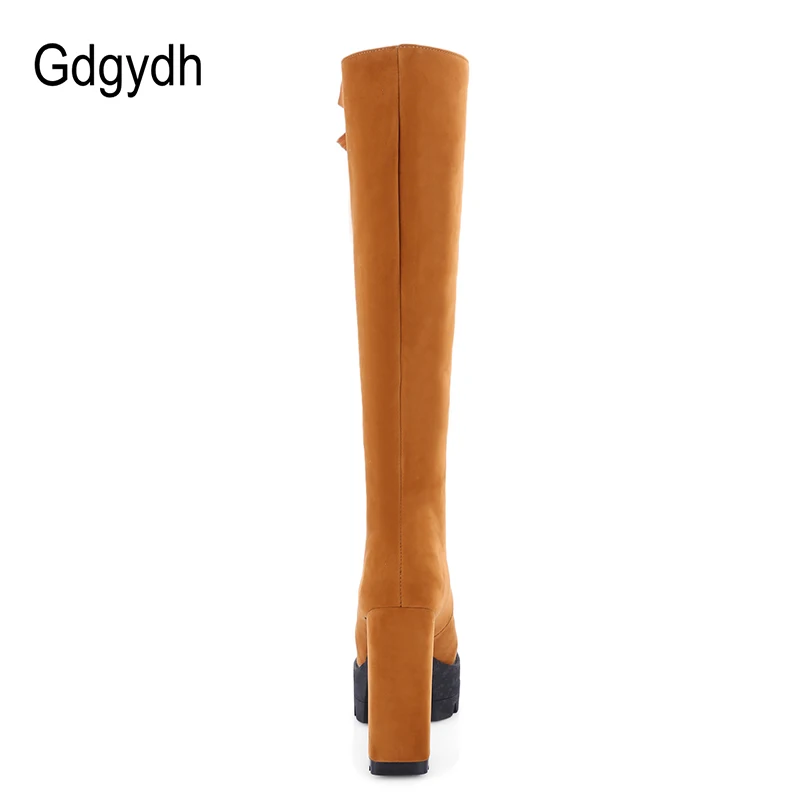 Gdgydh Winter Lacing Knee High Boots Women Suede Boots Shoes High Heels Female Autumn Rubber Sole Ladies Shoes Big Size 43