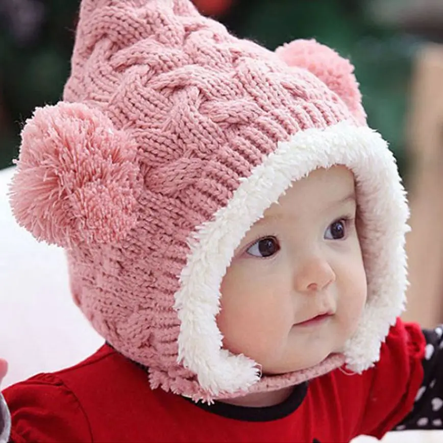 Excellent Lovely Knitting Wool Winter Hat Kid Baby Cute Dual Balls Girl
