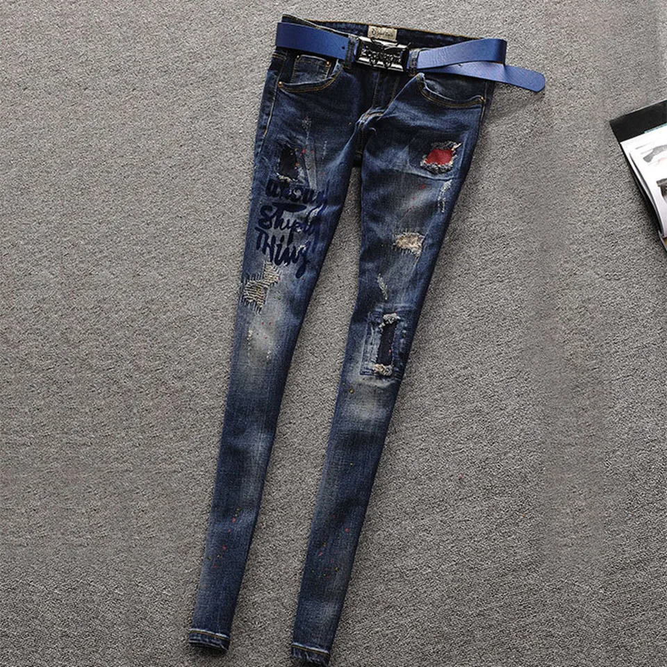 Ripped Jeans For Women Skinny Jeans Woman Dark Blue Painted Patchwork Embroidered Vintage Denim Pencil Pants