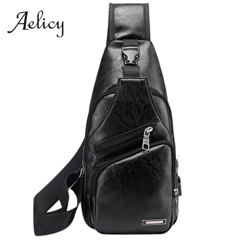 

Aelicy Business Mens Outdoor Crossbody Bags PU Leather Chest Pack Charging Bag Messengers Bag Unbalance Shoulder Bag