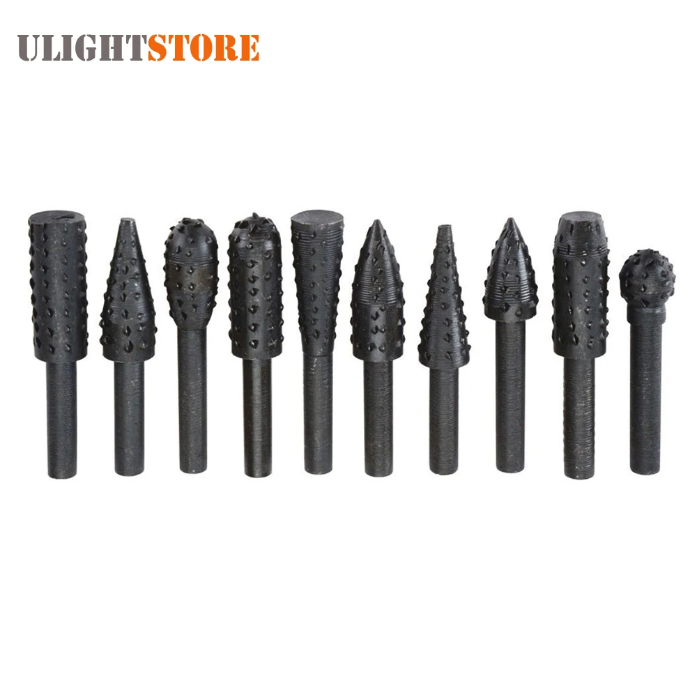 10pcs! Tungsten Carbide Rotary Burr Drill Bit Set Wood Carving File Rasp Drill Bits 1/4in 6mm