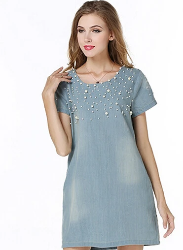 Aliexpress.com Comprar Vestidos verano mujer 2015 mujeres vestido de mezclilla sueltos manga corta vestido de oficina Jeans casual vestido con cuentas