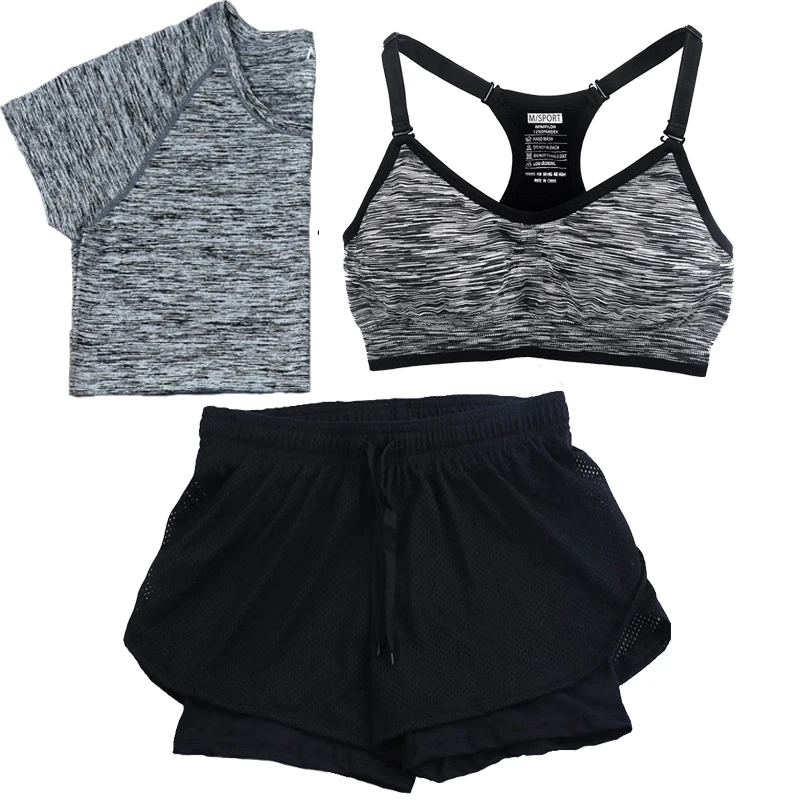 WANAYOU, комплект из 3 предметов для женщин, для фитнеса, йоги, футболка и бюстгальтер и шорты, спортивный комплект, одежда для спортзала, спортивная одежда, тренировочный костюм, быстросохнущий, для бега