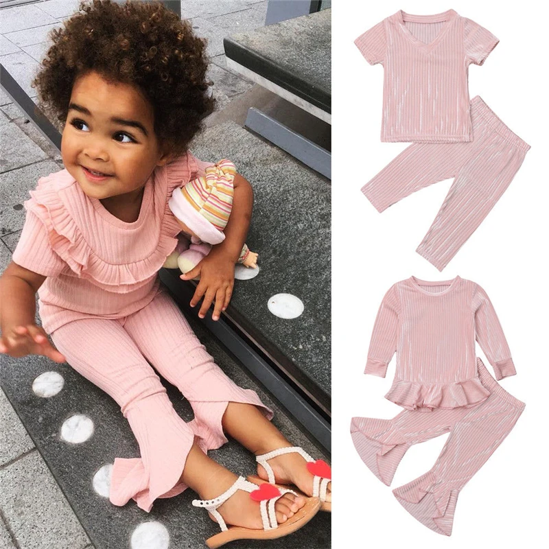 От 1 до 5 лет Дети детская одежда для малышки бархатный с короткими рукавами, футболка, топы, расклешенные брюки для девочек спортивный костюм с оборками милый наряд