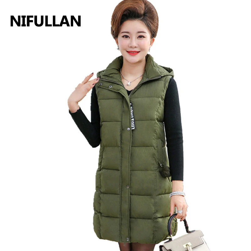 

NIFULLAN Fall Winter 2019 Women Long Waistcoat Sleeveless Cotton-Padded Coat 5XL Plus Size Mother Hooded Outwear Zipper Vest