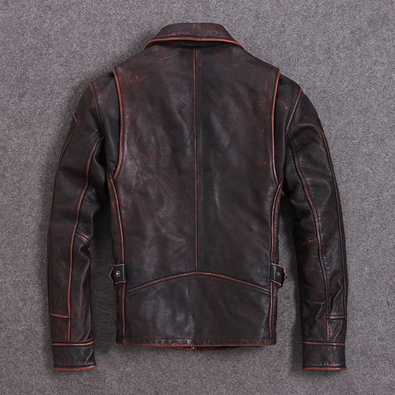 Винтажная красная коричневая Мужская Американская Повседневная стильная кожаная куртка размера плюс 5XL Натуральная Воловья кожа осеннее кожаное пальто
