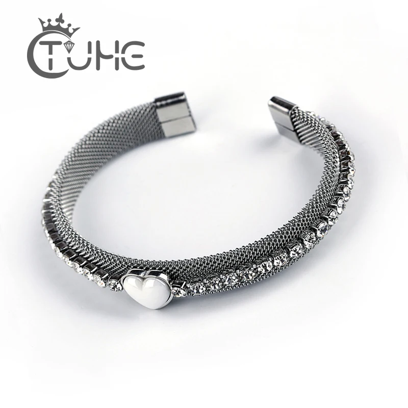 

Crystal White Ceramic Heart Opening Bracelet For Women Girl Fashion Big Small Stainless Steel Rhinestone Bangle Anniversary Gift