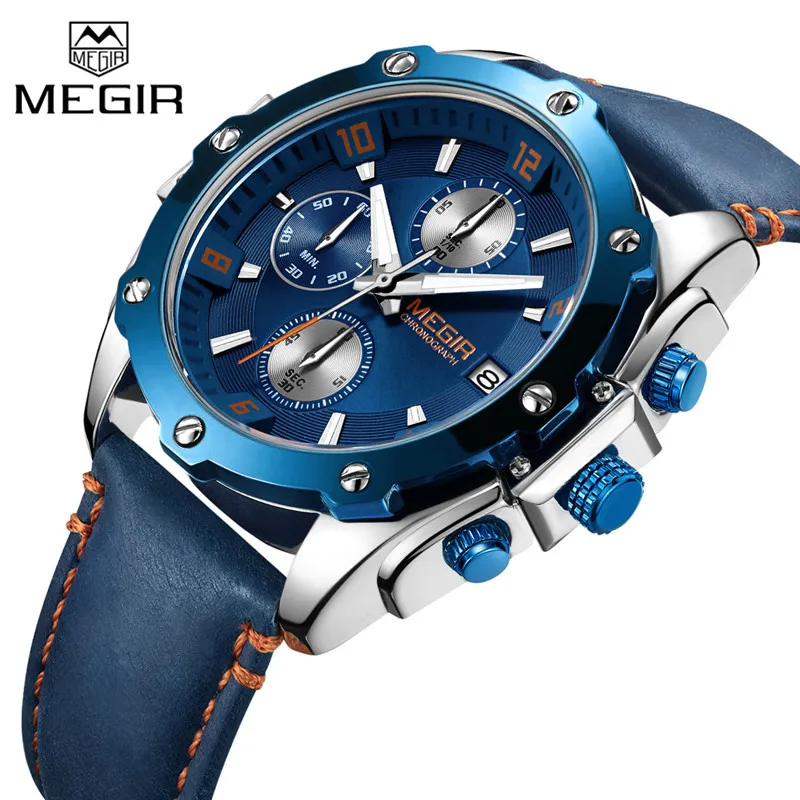 

MEGIR Men Watch Top Brand Luxury Blue Chronograph Wristwatch Date Military Sport Leather Band Male Clock Relogio Masculino 2074