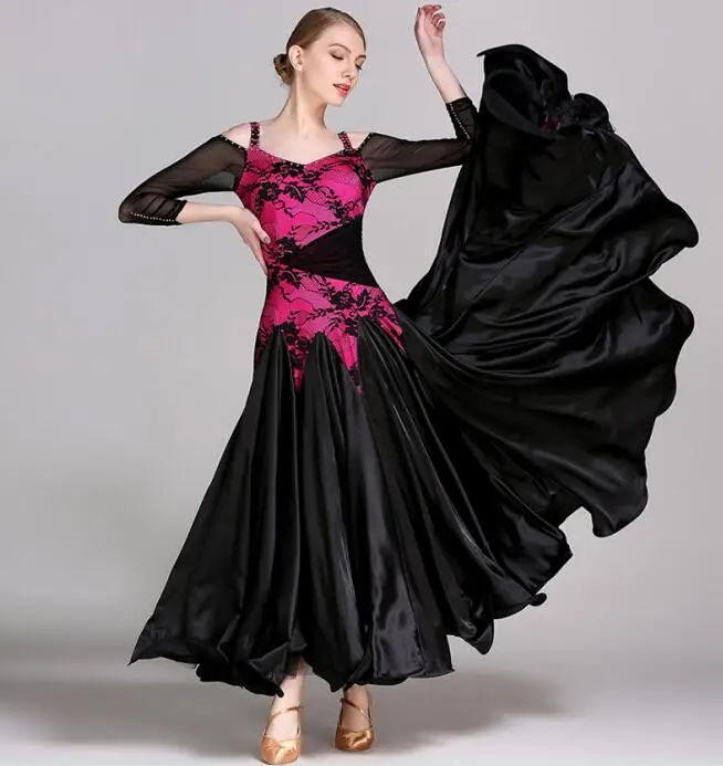 Modern dance competition costume, rose red/black standard ballroom