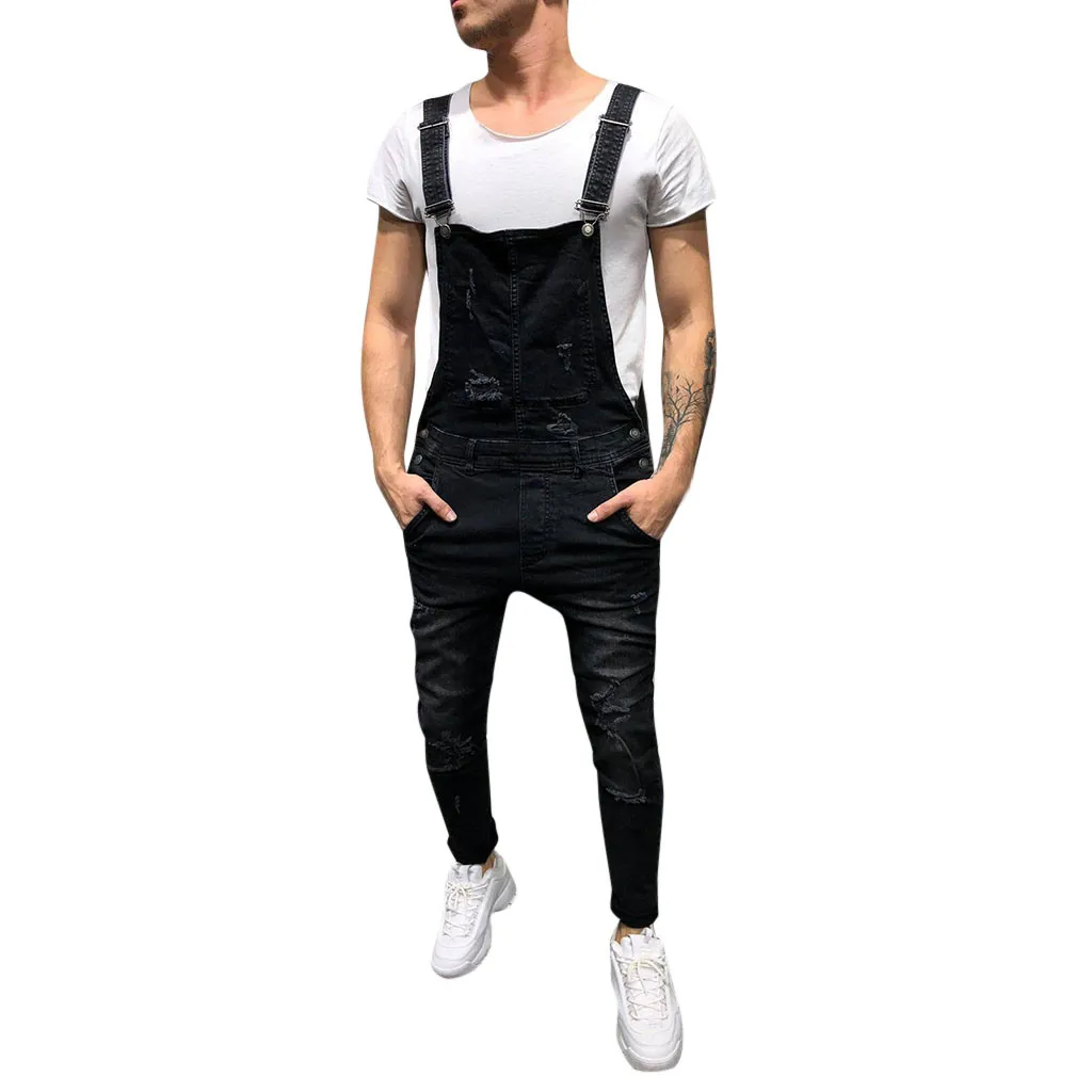 

JAYCOSIN Men's overall street casual jumpsuit jeans washed hole pocket modis pantalon homme pants suspenders