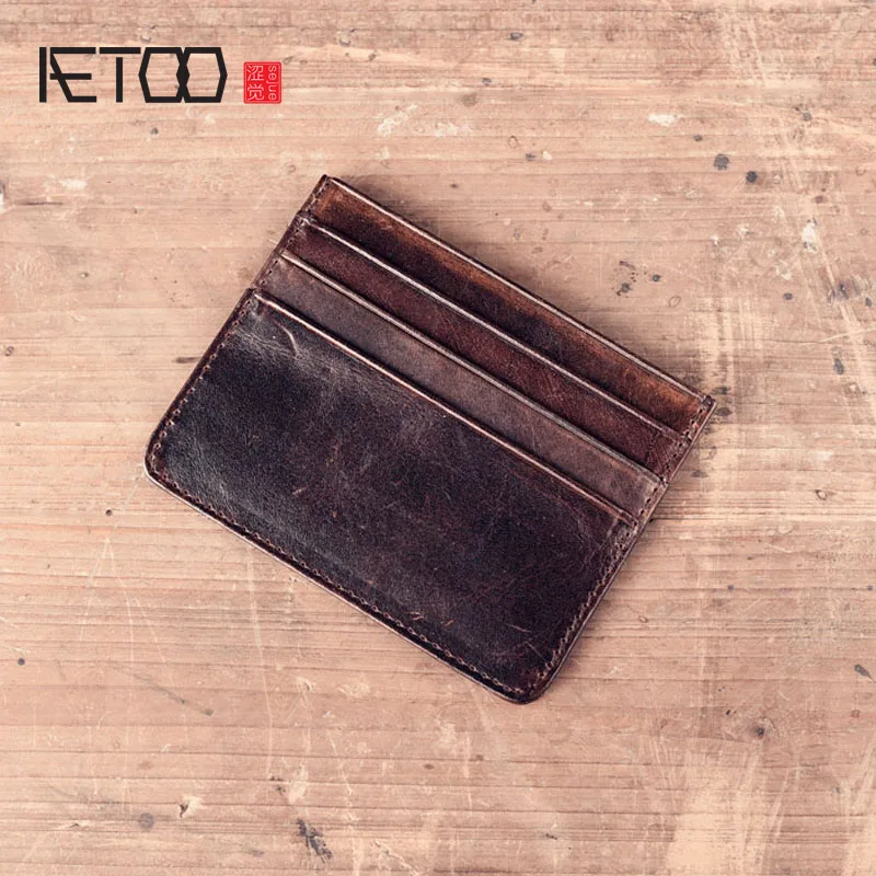 

AETOO Handmade leather first layer cowhide multi - bit card bank card package simple Handmade leather goods retro mini card bag