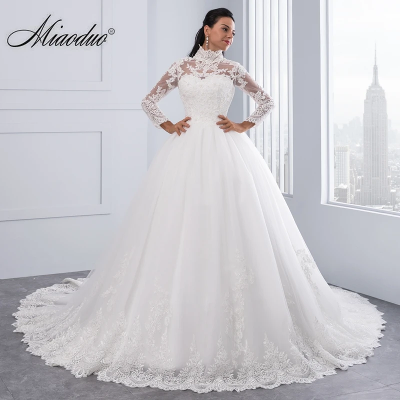 Miaoduo Vestido De Noiva Plus SIze High Neck IIIusion Back Long Sleeve Wedding Gowns 2022 Ball Gown Wedding Dresses for Women wedding dress for women